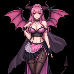 A realistic, sexy, dominant gothic anime succubus girl exhibiting a confident presence, complete with majestic wings, elegant horns, and a flowing tail