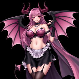 A realistic, sexy, dominant gothic anime succubus girl exhibiting a confident presence, complete with majestic wings, elegant horns, and a flowing tail