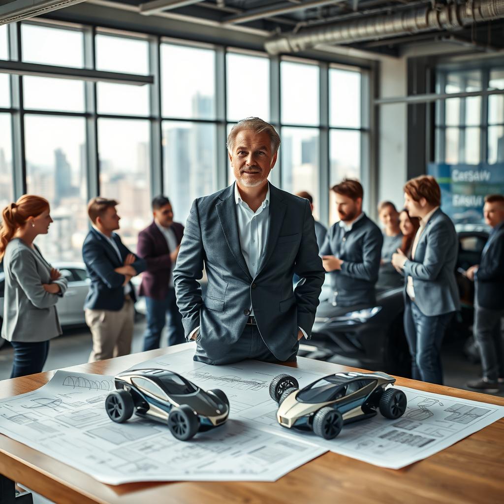 A dynamic scene showcasing an automotive entrepreneur in a modern office filled with cutting-edge vehicle designs and prototypes