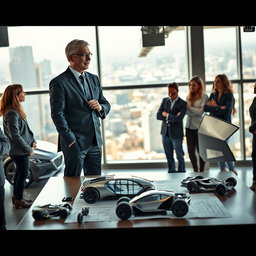 A dynamic scene showcasing an automotive entrepreneur in a modern office filled with cutting-edge vehicle designs and prototypes