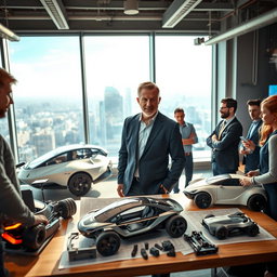 A dynamic scene showcasing an automotive entrepreneur in a modern office filled with cutting-edge vehicle designs and prototypes