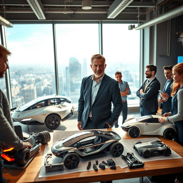 A dynamic scene showcasing an automotive entrepreneur in a modern office filled with cutting-edge vehicle designs and prototypes