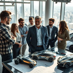 A dynamic scene showcasing an automotive entrepreneur in a modern office filled with cutting-edge vehicle designs and prototypes
