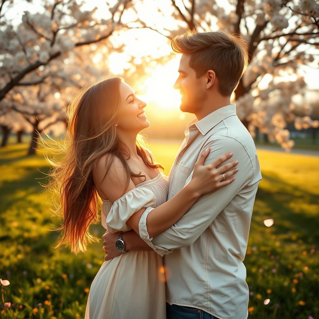 A warm and intimate photograph of a loving couple embracing in a picturesque park during golden hour