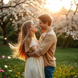 A warm and intimate photograph of a loving couple embracing in a picturesque park during golden hour