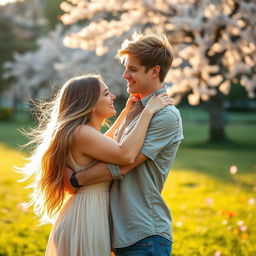 A warm and intimate photograph of a loving couple embracing in a picturesque park during golden hour