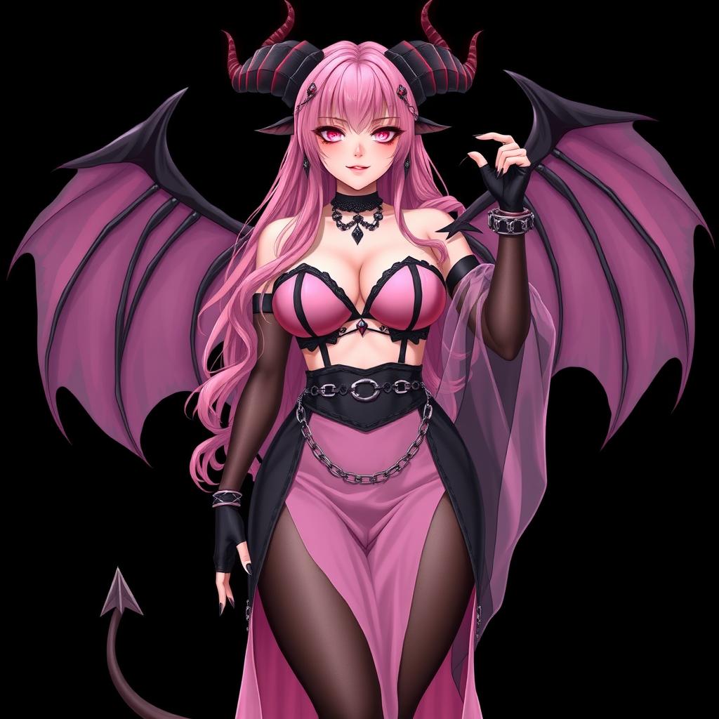 A realistic, sexy, dominant gothic anime succubus girl exuding confidence, complete with majestic wings, elegant horns, and a flowing tail