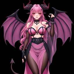 A realistic, sexy, dominant gothic anime succubus girl exuding confidence, complete with majestic wings, elegant horns, and a flowing tail