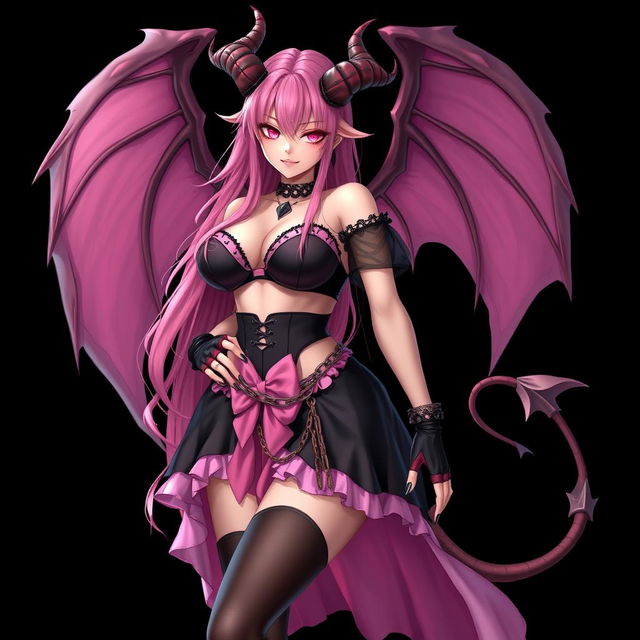 A realistic, sexy, dominant gothic anime succubus girl exuding confidence, complete with majestic wings, elegant horns, and a flowing tail