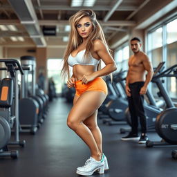 A full length, head to toe photograph of a sexy, beautiful, curvy girl with very thick, long, messy dirty blonde hair and crystal blue eyes