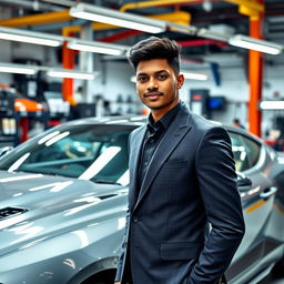 A young automotive entrepreneur with brown skin and black hair, standing confidently next to a sleek, modern car