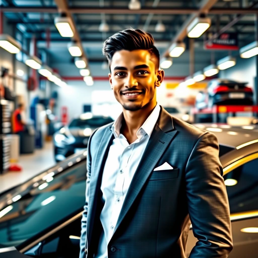 A young automotive entrepreneur with brown skin and black hair, standing confidently next to a sleek, modern car
