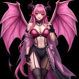 A realistic, sexy, dominant gothic anime succubus girl, showcasing majestic wings, elegant horns, and a flowing tail