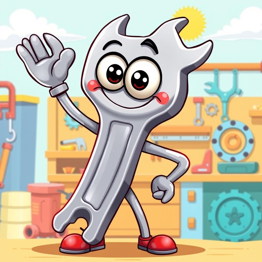 A cartoonish and funny avatar of a wrench with a big smiling face, large googly eyes, and oversized arms and legs