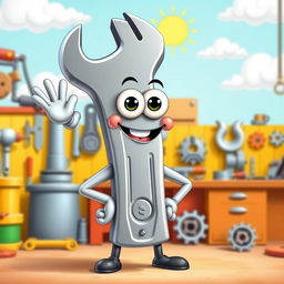 A cartoonish and funny avatar of a wrench with a big smiling face, large googly eyes, and oversized arms and legs