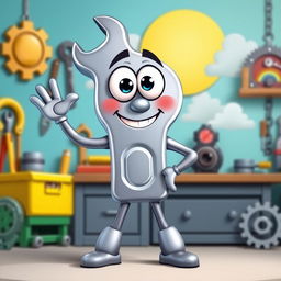 A cartoonish and funny avatar of a wrench with a big smiling face, large googly eyes, and oversized arms and legs