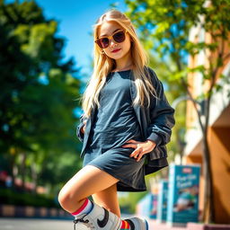 A girl with long blonde hair wearing a stylish dress, cool sunglasses, a trendy jacket, and sport shoes with colorful socks