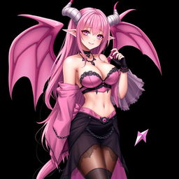 A realistic, sexy, dominant gothic anime succubus girl, showcasing stunning wings, handsome horns, and a flowing tail
