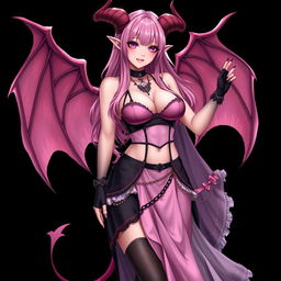 A realistic, sexy, dominant gothic anime succubus girl, showcasing stunning wings, handsome horns, and a flowing tail
