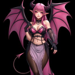 A realistic, sexy, dominant gothic anime succubus girl, showcasing stunning wings, handsome horns, and a flowing tail