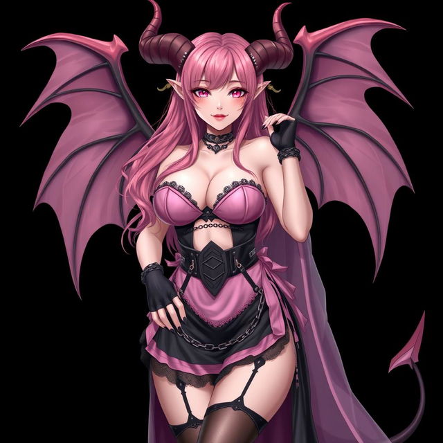 A realistic, sexy, dominant gothic anime succubus girl, showcasing stunning wings, handsome horns, and a flowing tail