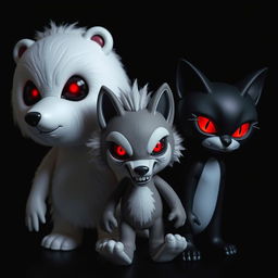 Three dolls: a white bear with red eyes, a wolf also with red eyes, and a black cat featuring red eyes