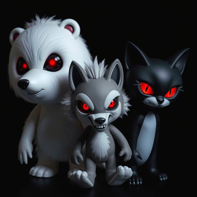 Three dolls: a white bear with red eyes, a wolf also with red eyes, and a black cat featuring red eyes
