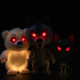 Three dolls: a white bear with red eyes, a wolf also with red eyes, and a black cat featuring red eyes