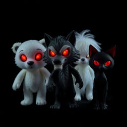 Three dolls: a white bear with red eyes, a wolf also with red eyes, and a black cat featuring red eyes