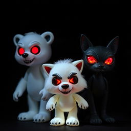 Three dolls: a white bear with red eyes, a wolf also with red eyes, and a black cat featuring red eyes