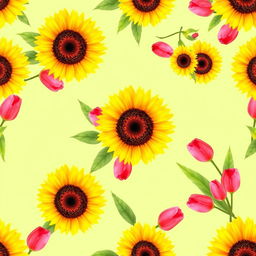 A vibrant wallpaper design featuring a beautiful arrangement of sunflowers and tulips