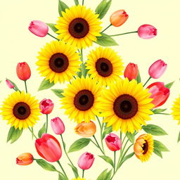 A vibrant wallpaper design featuring a beautiful arrangement of sunflowers and tulips
