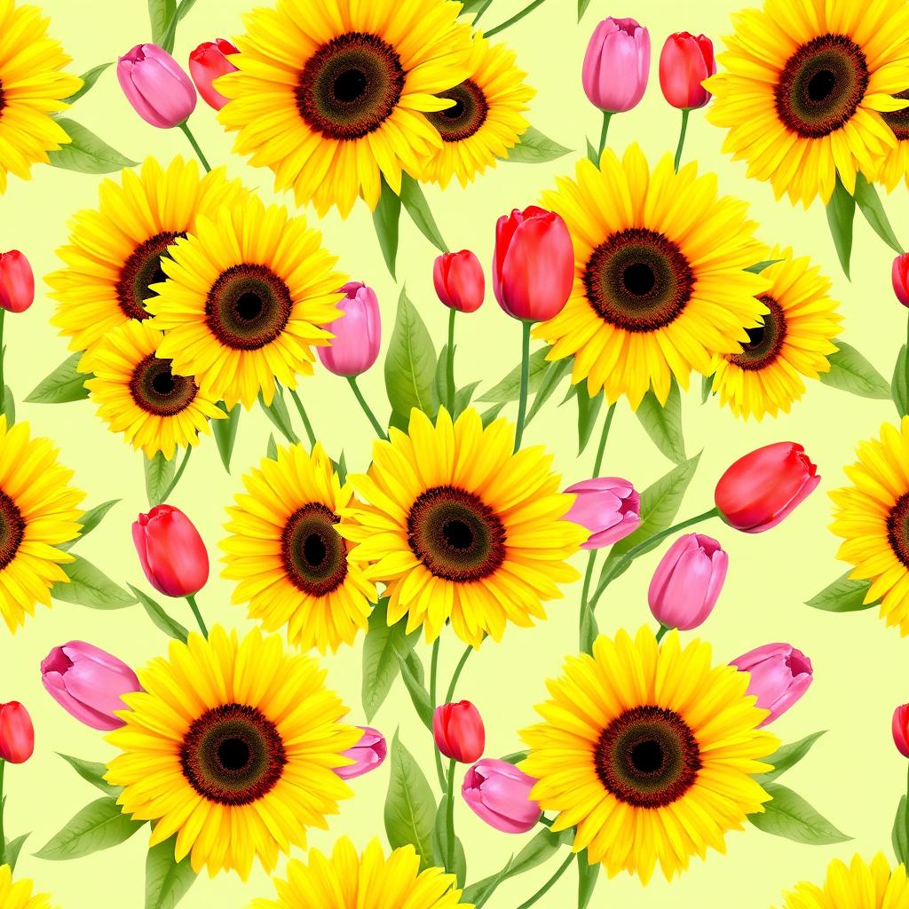 A vibrant wallpaper design featuring a beautiful arrangement of sunflowers and tulips