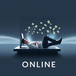 A minimalist and futuristic book cover design featuring a man lying on his side, engrossed in a computer