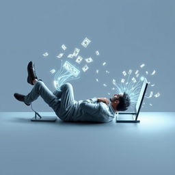 A minimalist and futuristic book cover design featuring a man lying on his side, engrossed in a computer