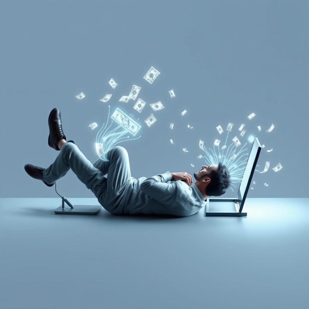 A minimalist and futuristic book cover design featuring a man lying on his side, engrossed in a computer
