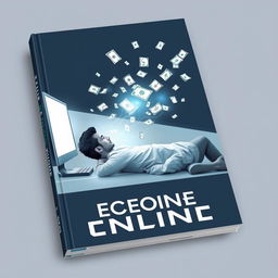 A minimalist and futuristic book cover design featuring a man lying on his side, engrossed in a computer
