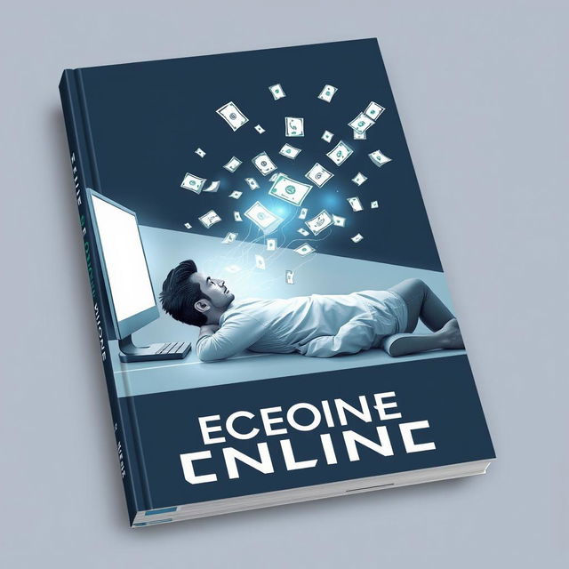 A minimalist and futuristic book cover design featuring a man lying on his side, engrossed in a computer