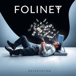 A minimalist and futuristic book cover design featuring a man lying on his side, engrossed in a computer