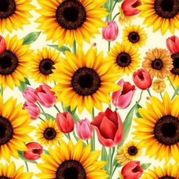 A vibrant and colorful wallpaper design featuring a seamless pattern of sunflowers and tulips in full bloom