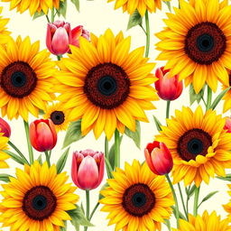 A vibrant and colorful wallpaper design featuring a seamless pattern of sunflowers and tulips in full bloom