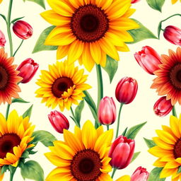A vibrant and colorful wallpaper design featuring a seamless pattern of sunflowers and tulips in full bloom