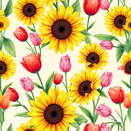 A vibrant and colorful wallpaper design featuring a seamless pattern of sunflowers and tulips in full bloom