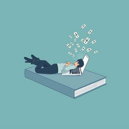 A minimalist and futuristic book cover featuring a man lying on his side, engaging with a laptop