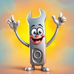An animated wrench character, depicted in a cartoonish style, with a big smile and a friendly expression