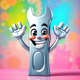 An animated wrench character, depicted in a cartoonish style, with a big smile and a friendly expression