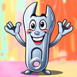 An animated wrench character, depicted in a cartoonish style, with a big smile and a friendly expression
