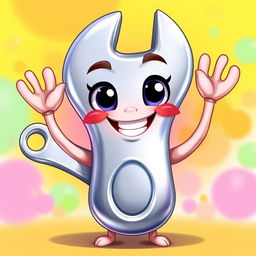 An animated wrench character, depicted in a cartoonish style, with a big smile and a friendly expression