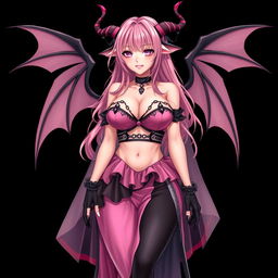 A realistic, sexy, dominant gothic anime succubus girl radiating confidence, featuring striking wings, elegant horns, and a flowing tail