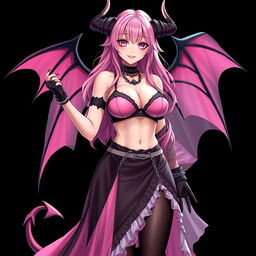 A realistic, sexy, dominant gothic anime succubus girl radiating confidence, featuring striking wings, elegant horns, and a flowing tail